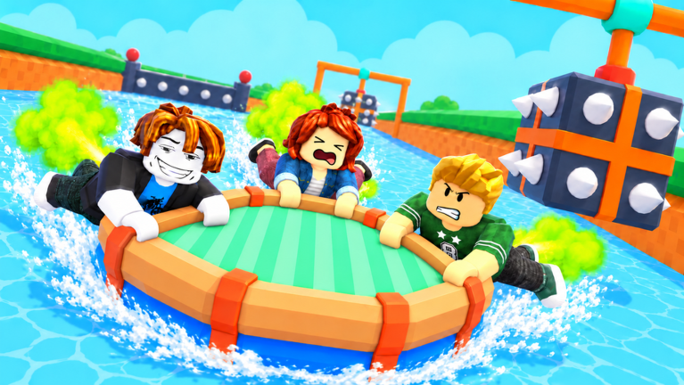 Official artwork showing a shared raft and obstacles on the water course.
